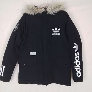 RARE 90s Adidas Originals‎ Pakaian Logo L Black Down Feather Coat